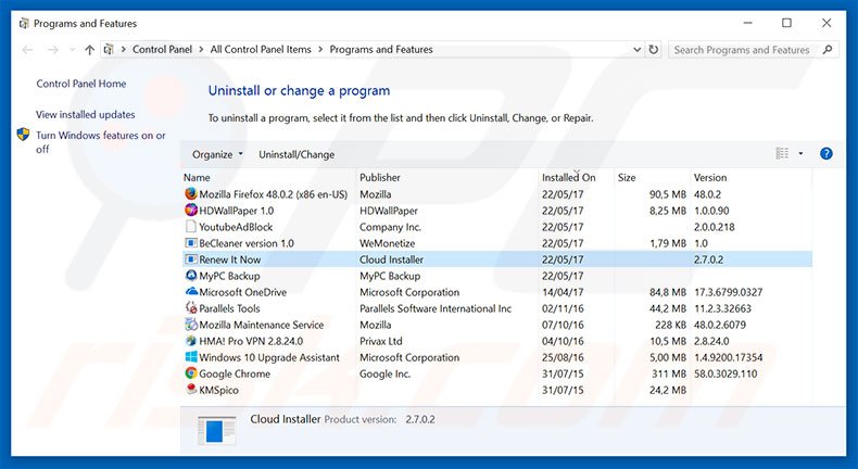 search.renewitnow.com browser hijacker uninstall via Control Panel