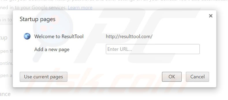 Removing resulttool.com from Google Chrome homepage