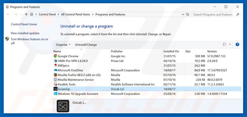 ScreenUp adware uninstall via Control Panel