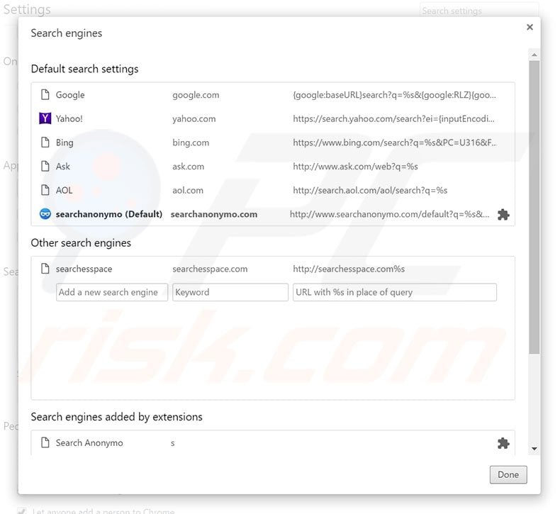 Removing searchanonymo.com from Google Chrome default search engine
