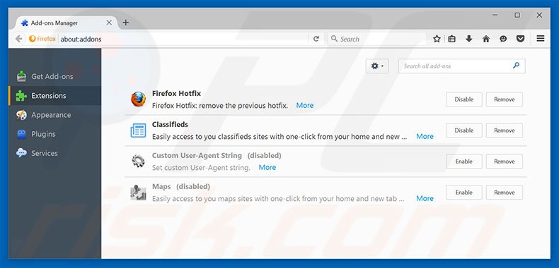 Removing search.searchcfs.com related Mozilla Firefox extensions