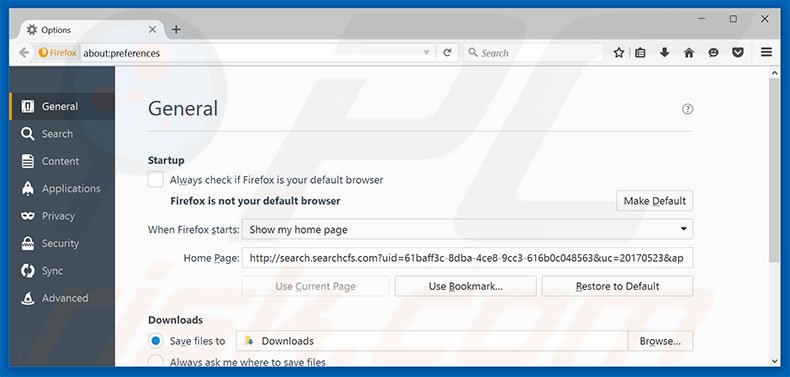 Removing search.searchcfs.com from Mozilla Firefox homepage