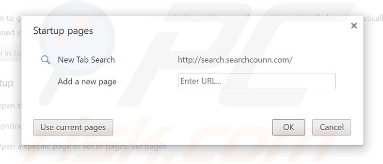 Removing search.searchcounn.com from Google Chrome homepage