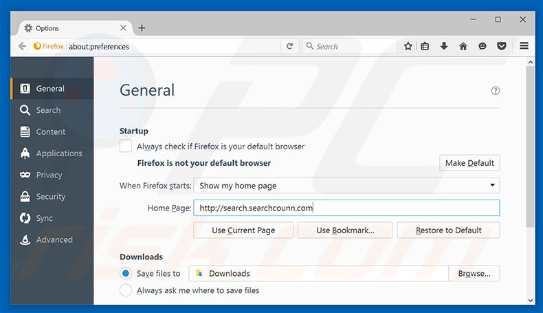 Removing search.searchcounn.com from Mozilla Firefox homepage