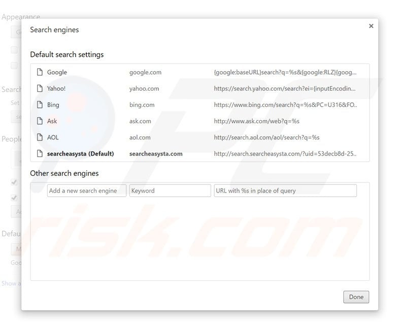 Removing search.searcheasysta.com from Google Chrome default search engine
