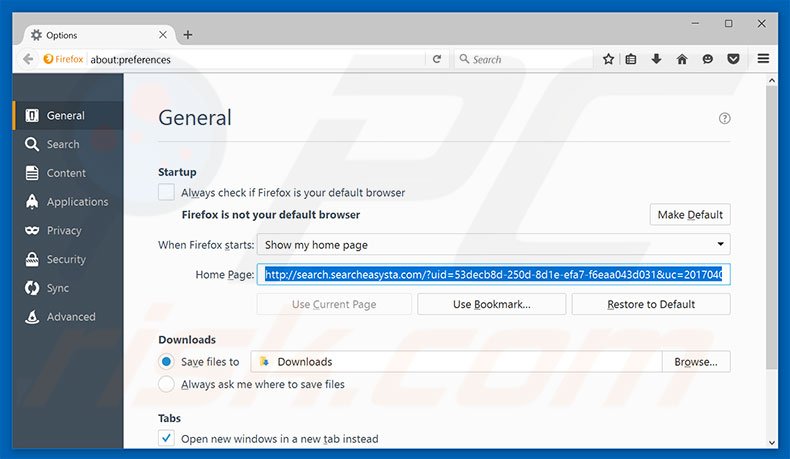 Removing search.searcheasysta.com from Mozilla Firefox homepage