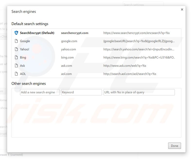 Removing searchencrypt.com from Google Chrome default search engine