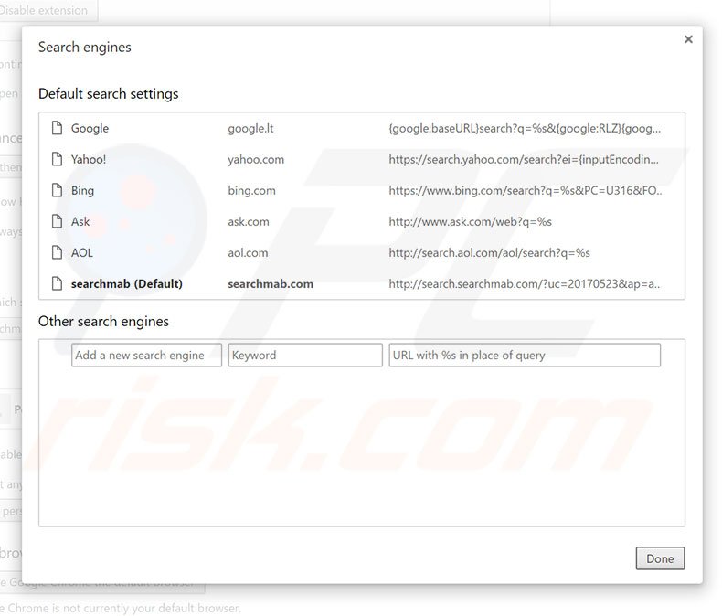 Removing search.searchmab.com from Google Chrome default search engine