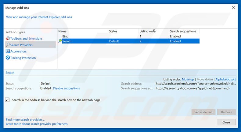 Removing search.searchmab.com from Internet Explorer default search engine