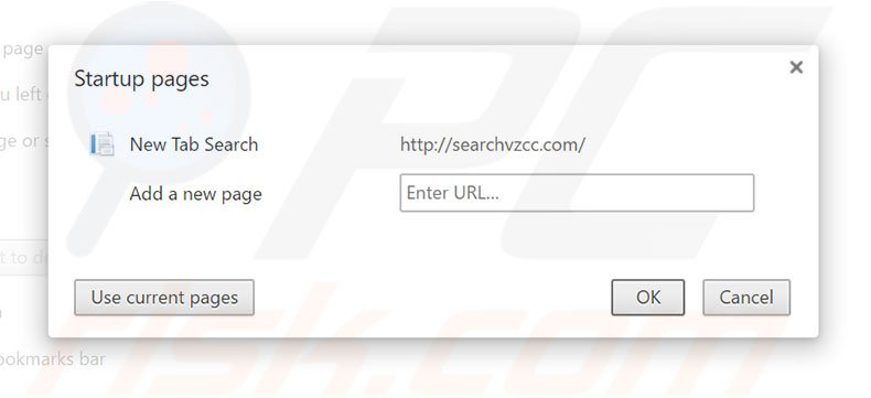 Removing searchvzcc.com from Google Chrome homepage
