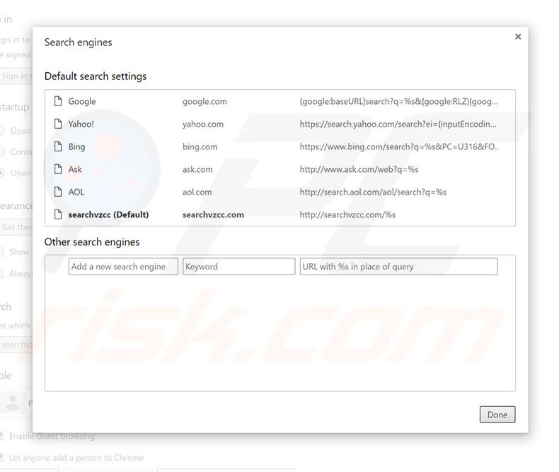 Removing searchvzcc.com from Google Chrome default search engine