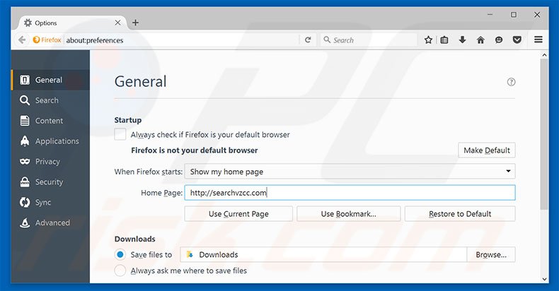 Removing searchvzcc.com from Mozilla Firefox homepage