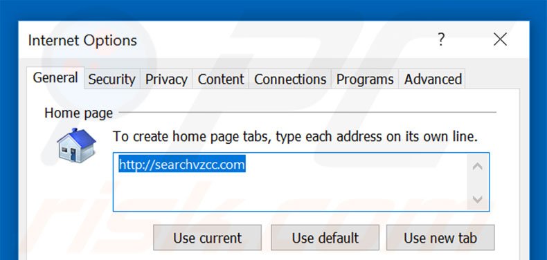 Removing searchvzcc.com from Internet Explorer homepage