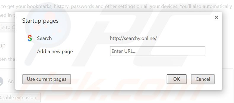 Removing searchy.online from Google Chrome homepage