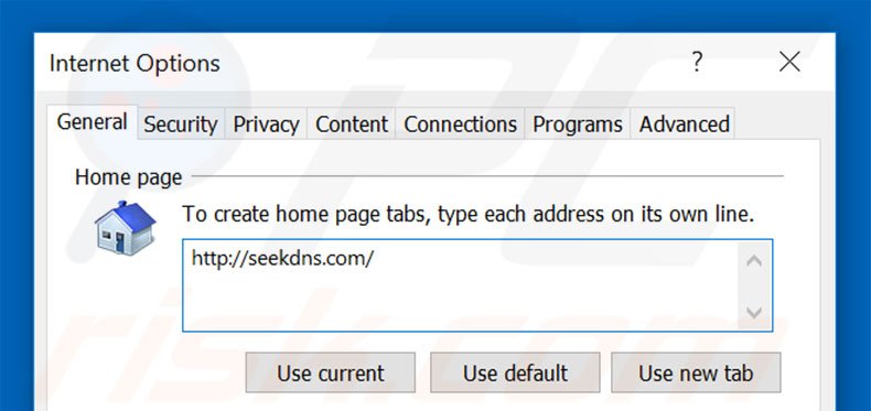 Removing seekdns.com from Internet Explorer homepage