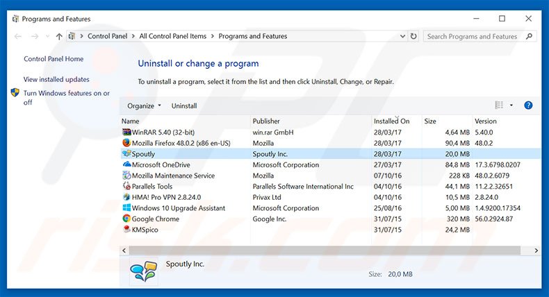Spoutly adware uninstall via Control Panel