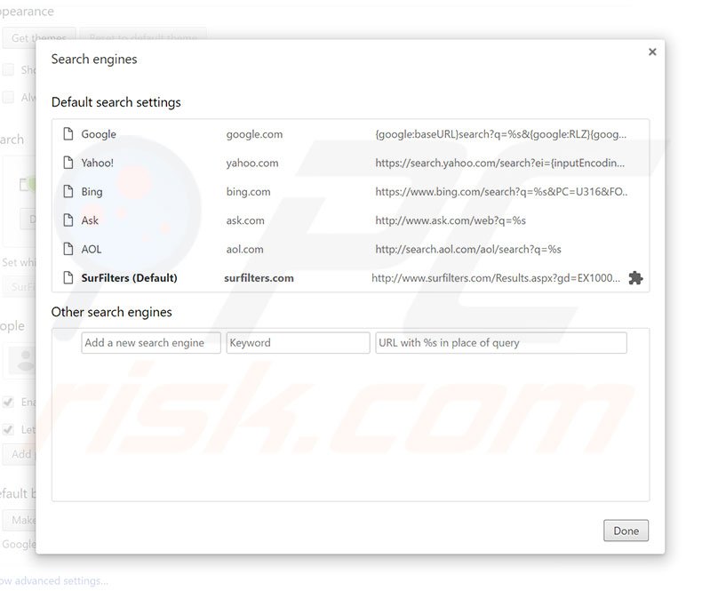 Removing surfilters.com from Google Chrome default search engine