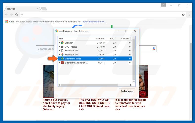 Removing Tables ads from Google Chrome step 2
