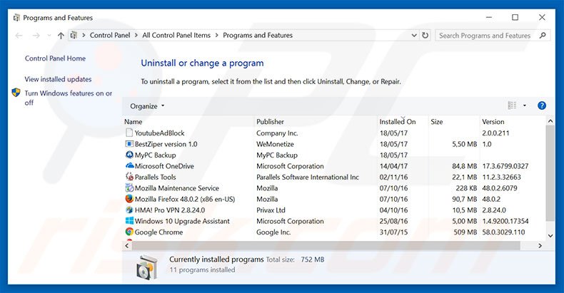 Tables adware uninstall via Control Panel