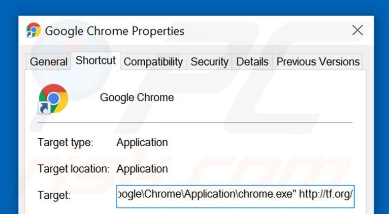 Removing tf.org from Google Chrome shortcut target step 2