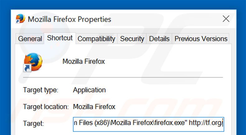 Removing tf.org from Mozilla Firefox shortcut target step 2