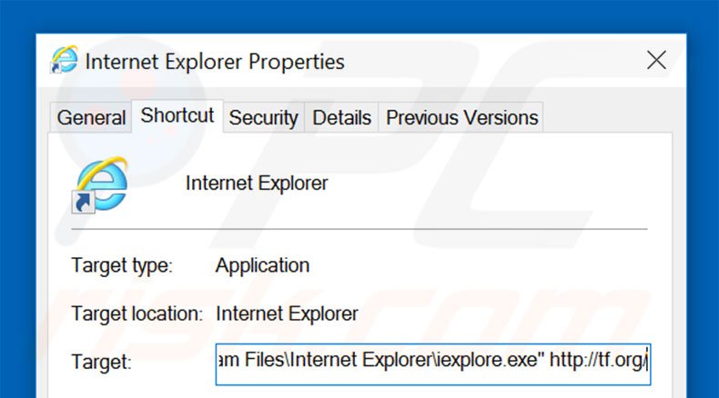 Removing tf.org from Internet Explorer shortcut target step 2