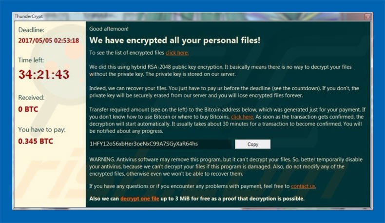 ThunderCrypt ransomware ransom note (pop-up)