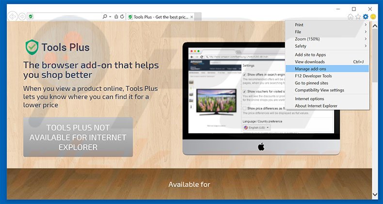 Removing Tools Plus ads from Internet Explorer step 1