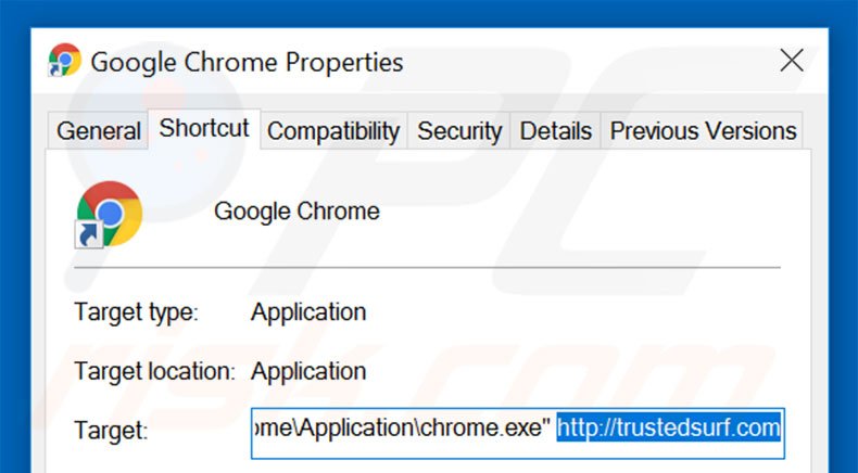 Removing trustedsurf.com from Google Chrome shortcut target step 2