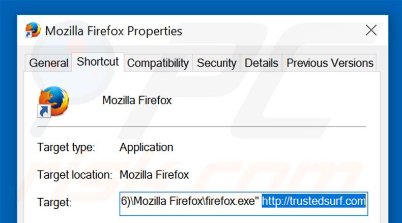 Removing trustedsurf.com from Mozilla Firefox shortcut target step 2