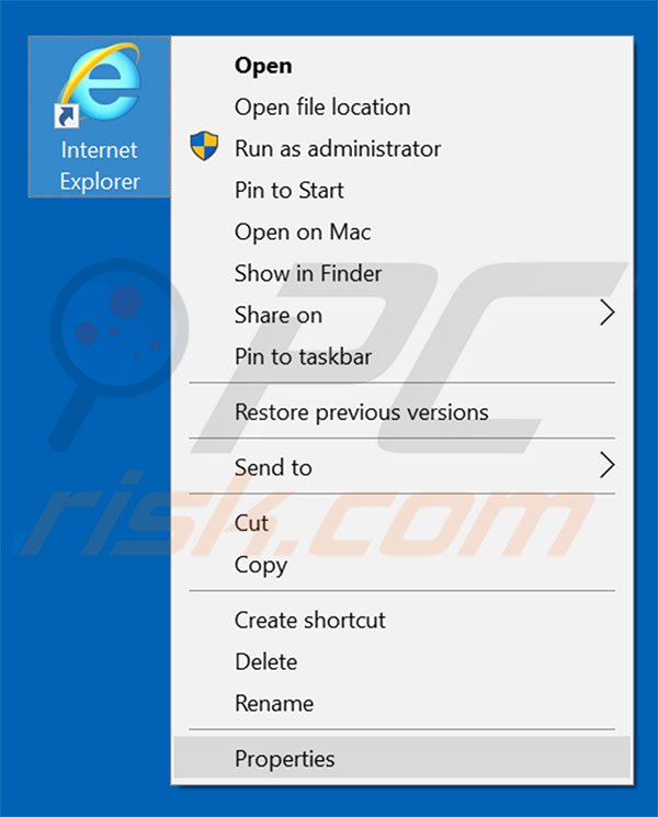 Removing trustedsurf.com from Internet Explorer shortcut target step 1