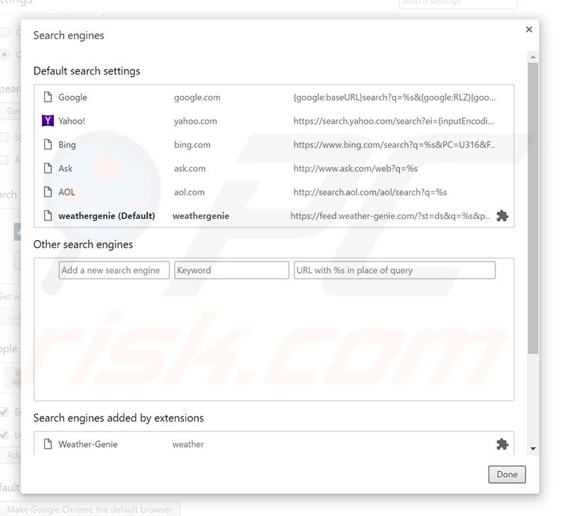 Removing weather-genie.com from Google Chrome default search engine