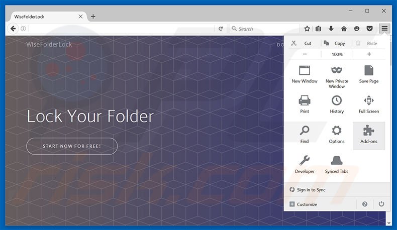 Removing WiseFolderLock ads from Mozilla Firefox step 1