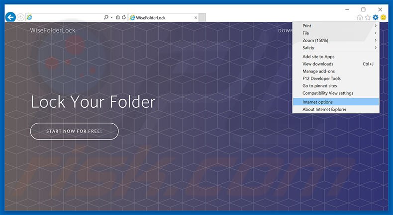 Removing WiseFolderLock ads from Internet Explorer step 1