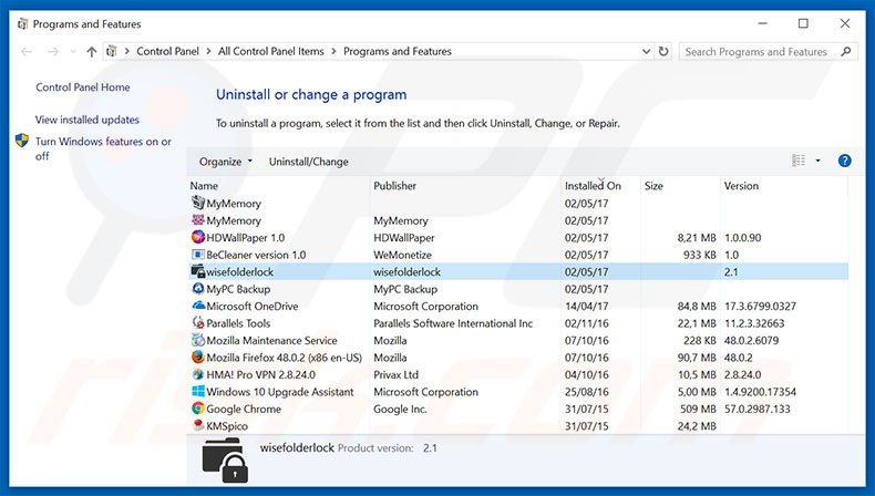 WiseFolderLock adware uninstall via Control Panel