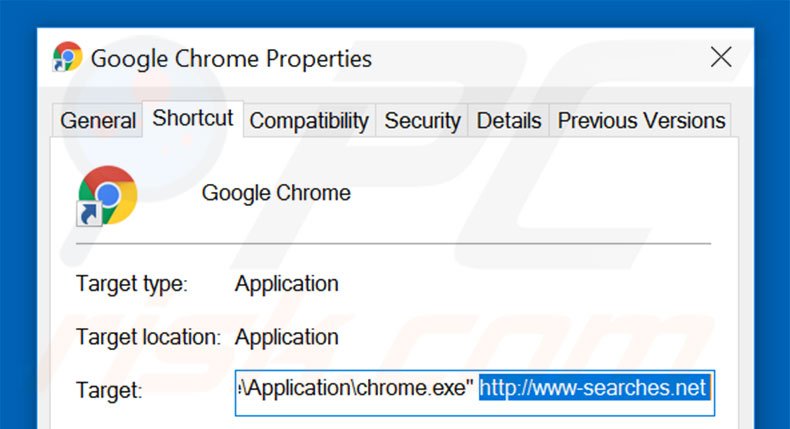 Removing www-searches.net from Google Chrome shortcut target step 2