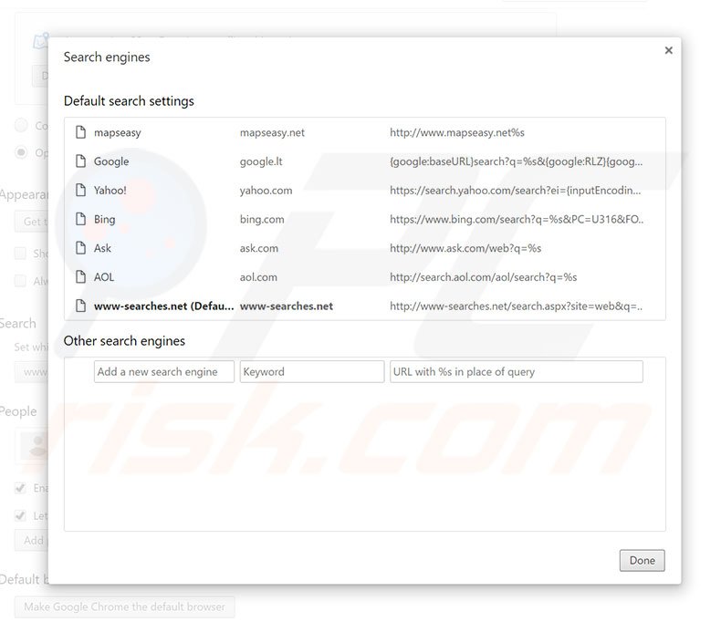 Removing www-searches.net from Google Chrome default search engine