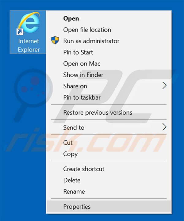 Removing www-searches.net from Internet Explorer shortcut target step 1