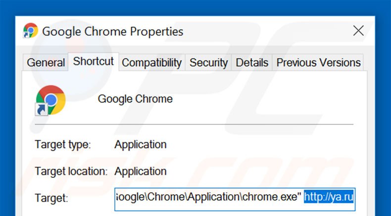 Removing ya.ru from Google Chrome shortcut target step 2