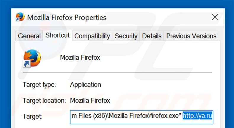Removing ya.ru from Mozilla Firefox shortcut target step 2