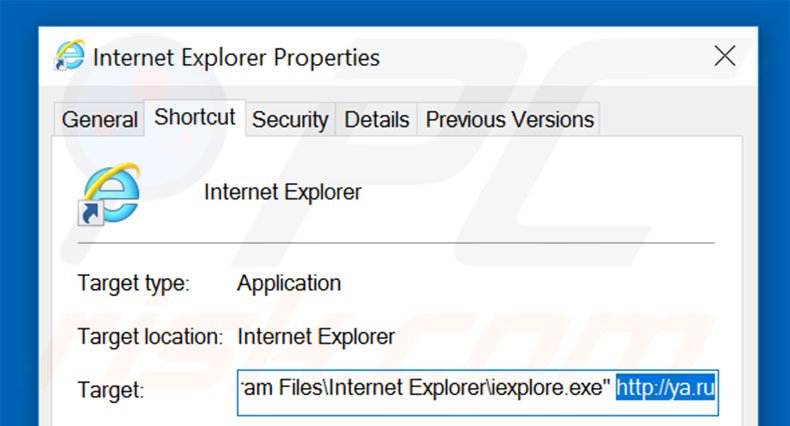 Removing ya.ru from Internet Explorer shortcut target step 2