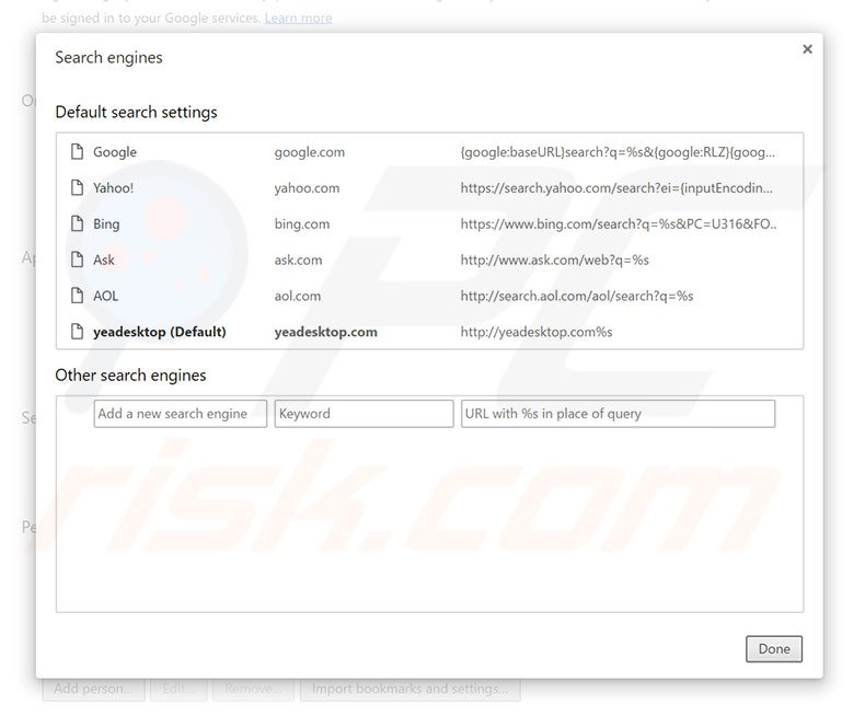 Removing yeadesktop.com from Google Chrome default search engine