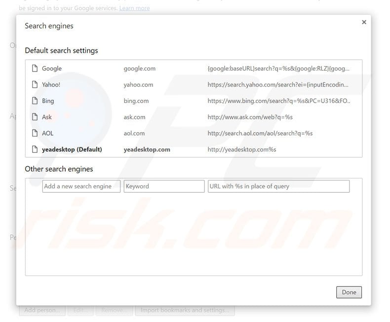 Removing yeadesktop.com from Google Chrome default search engine