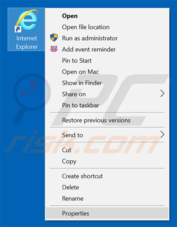 Removing yeadesktop.com from Internet Explorer shortcut target step 1