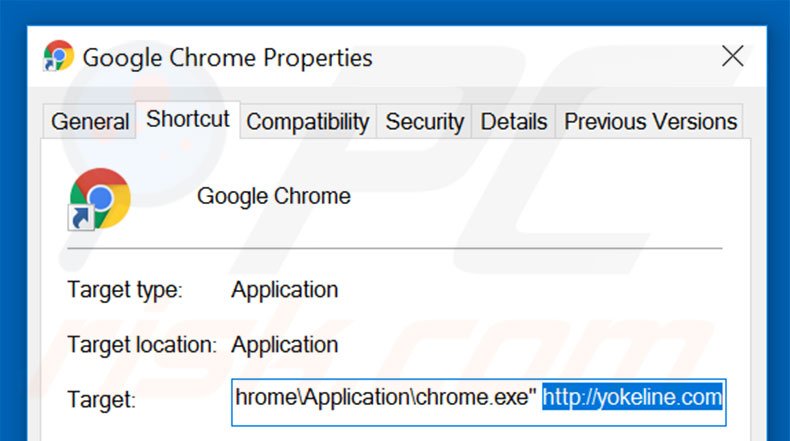 Removing yokeline.com from Google Chrome shortcut target step 2