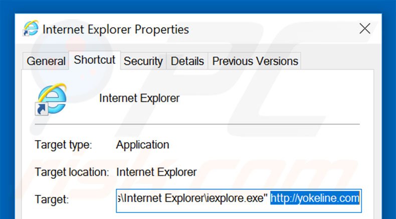 Removing yokeline.com from Internet Explorer shortcut target step 2