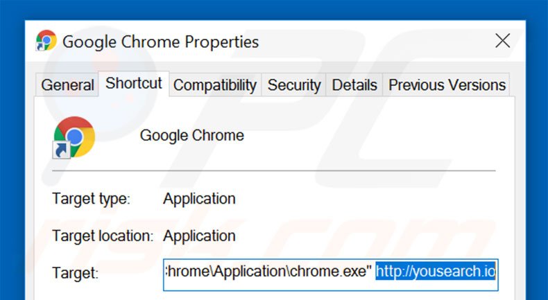 Removing yousearch.io from Google Chrome shortcut target step 2