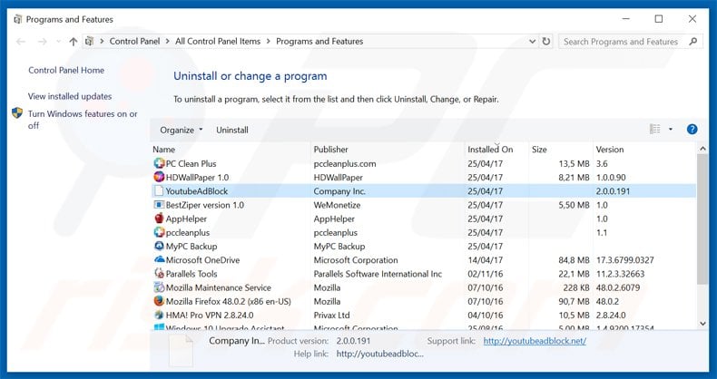Uninstall youtubeadblock adware via Control Panel