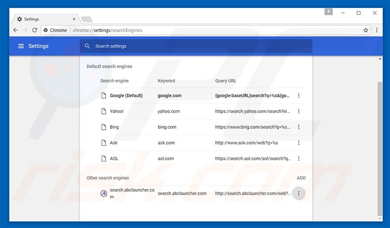 Removing search.abclauncher.com from Google Chrome default search engine