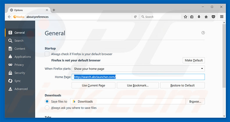 Removing search.abclauncher.com from Mozilla Firefox homepage